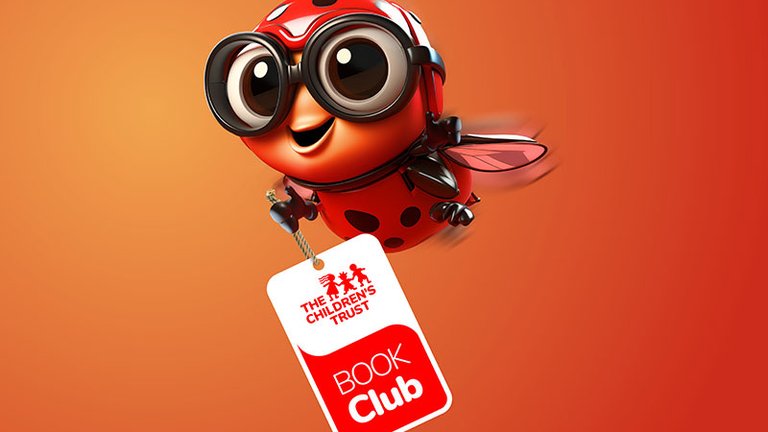 Computer illustration of Book Club character Gigi holding up a sign that says The Children's Trust Book Club.
