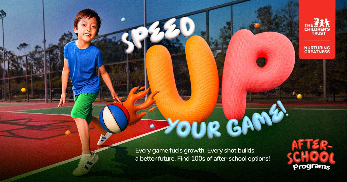 Advertising graphic promoting Trust-funded after-school programs featuring a photo of a young boy with Down Syndrome playing basketball.