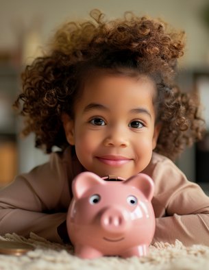A curly haired little girl lying face down in the floor with a pink piggy bank in front of her.